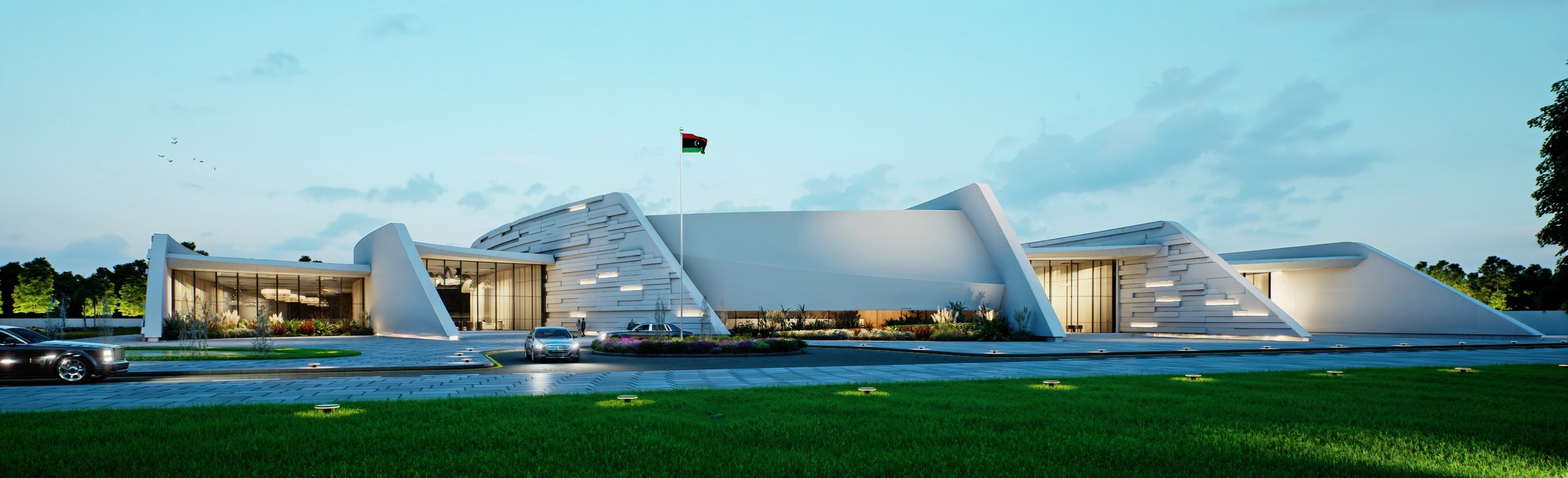 Government Conference Hall Complex, exterior at dusk