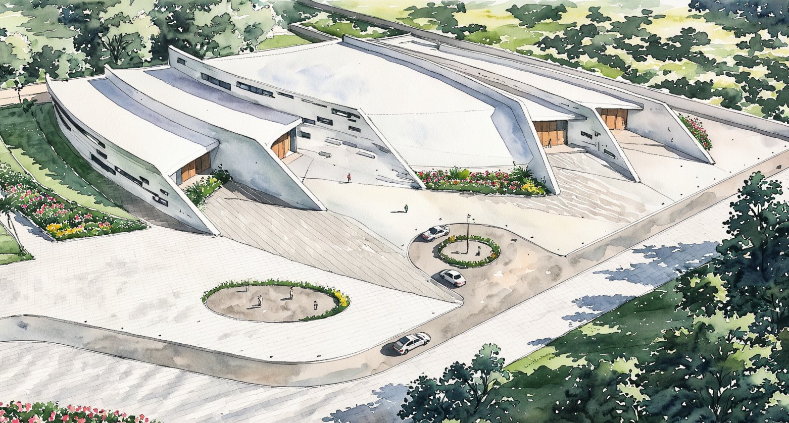 Government Conference Hall Complex, aerial view of the falcon-wing massing
