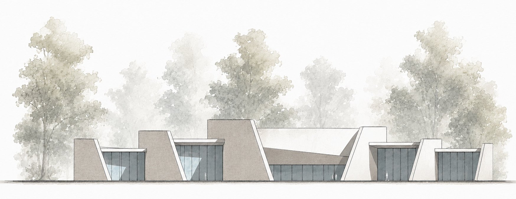 Diagram: Elevation sketch, stepped wings rising to the 13 m central hall