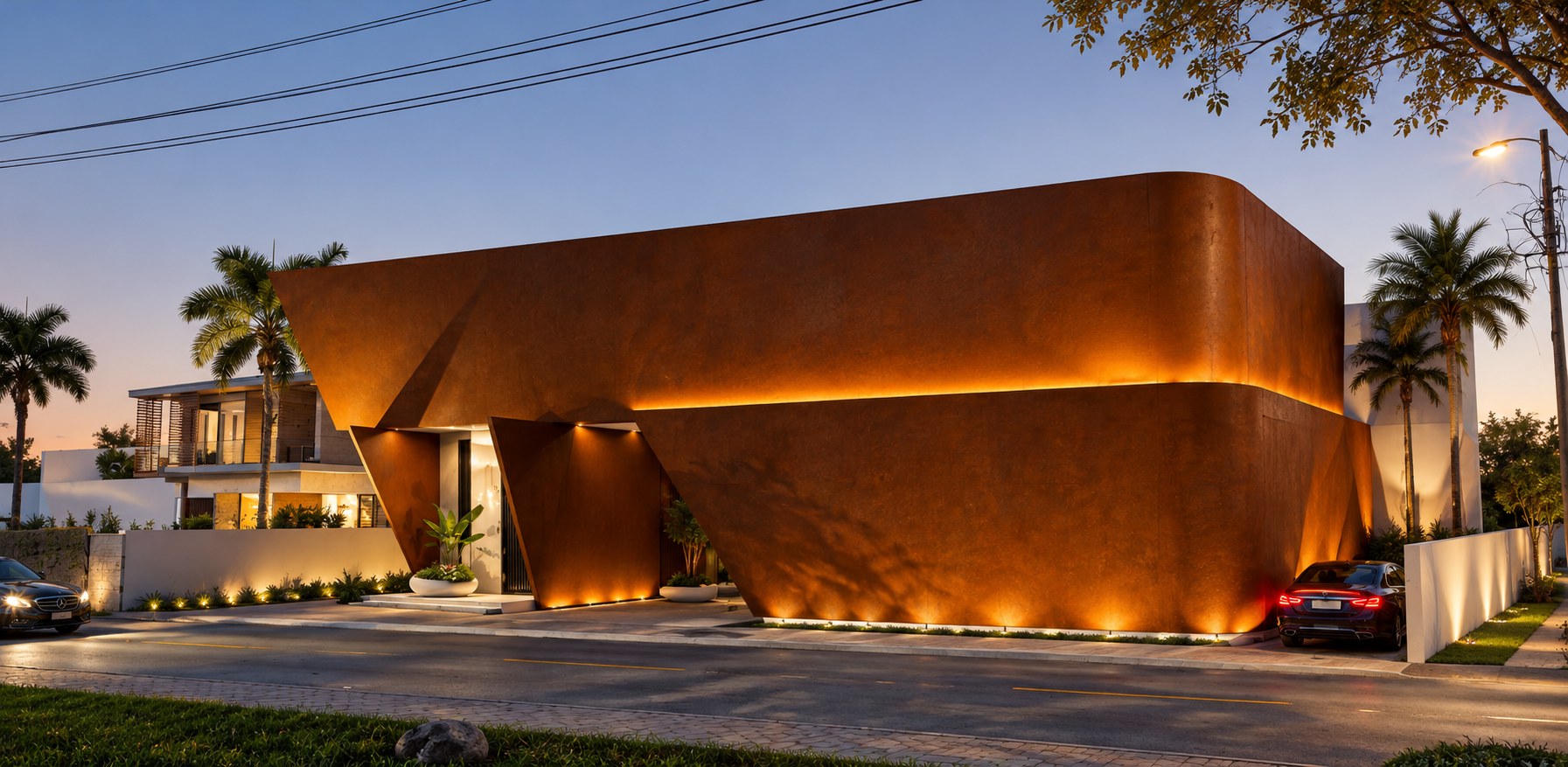 Hai Dimashq Private Residence, corten shell at dusk