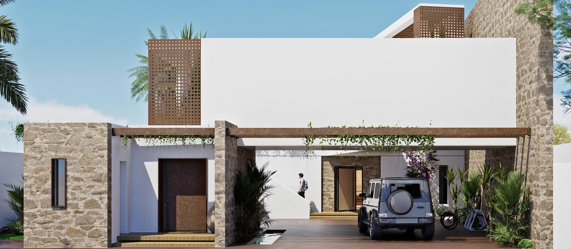 Khums Private Residence street facade: white plaster, stone and timber pergola