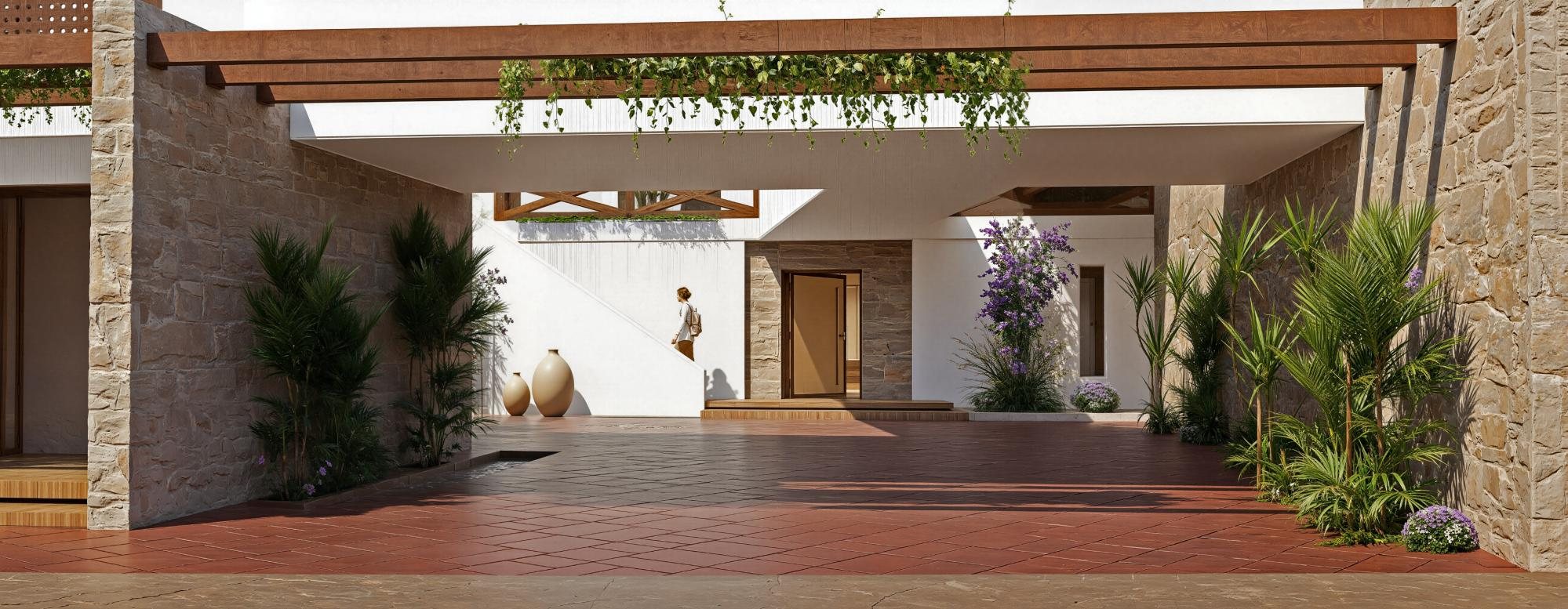 Sheltered arrival framed by stone and timber