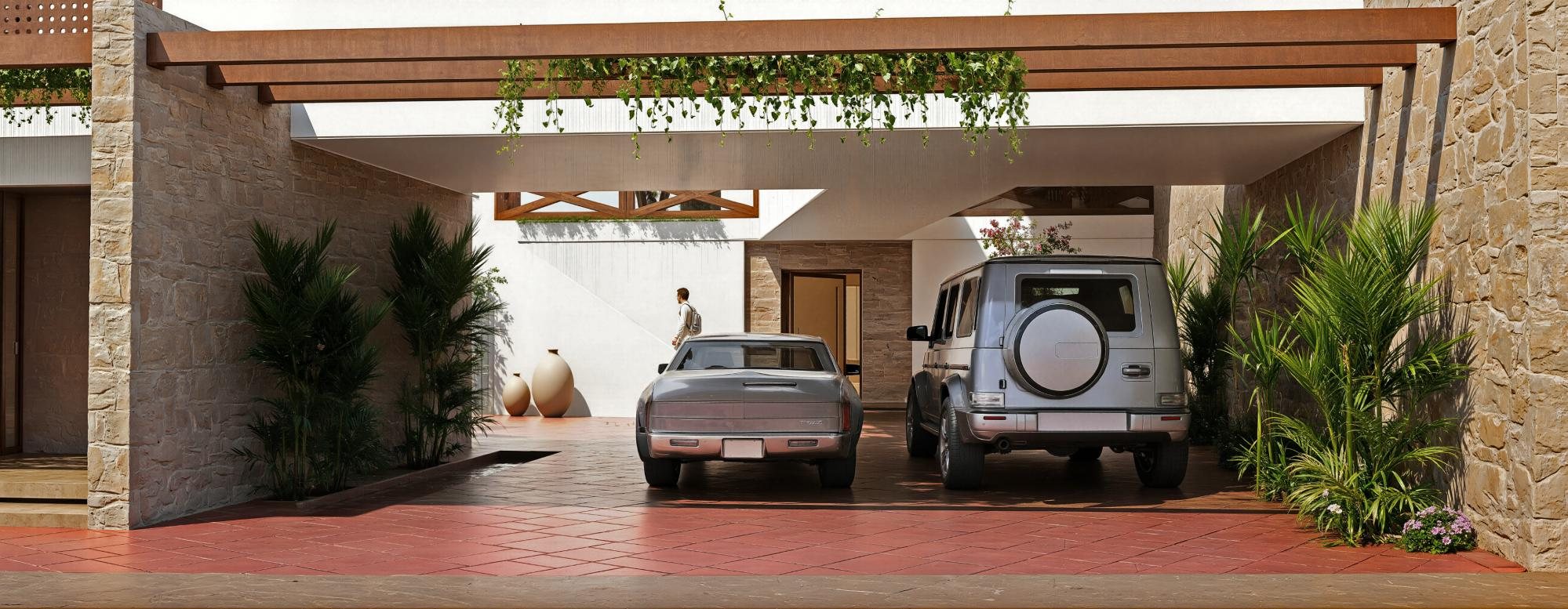 Two-car garage integrated under a timber pergola