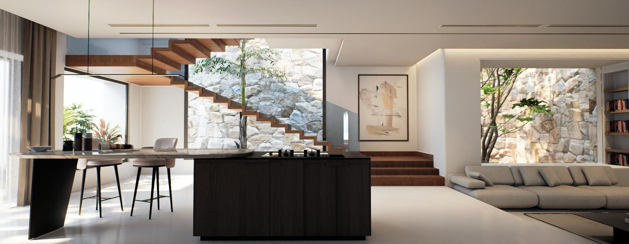 Living space with floating timber stair and courtyard glazing