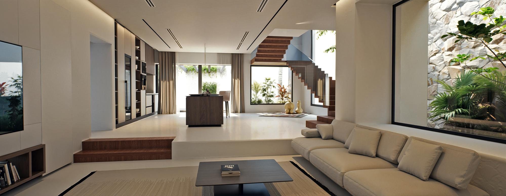 Open-plan living and dining with garden views