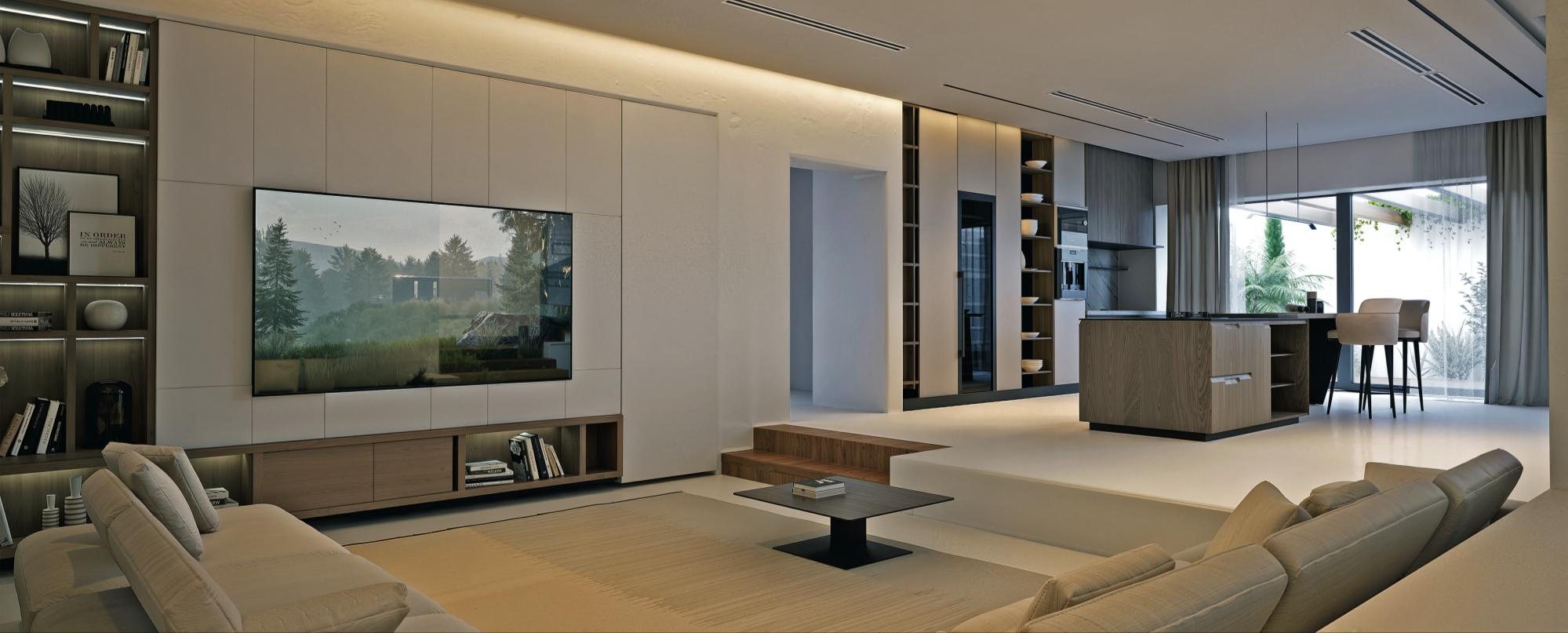 Living room with concealed door in the TV wall