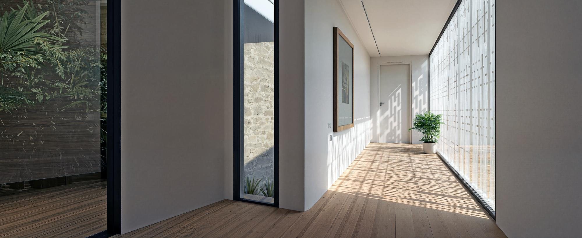 Master bedroom walkway with filtered light
