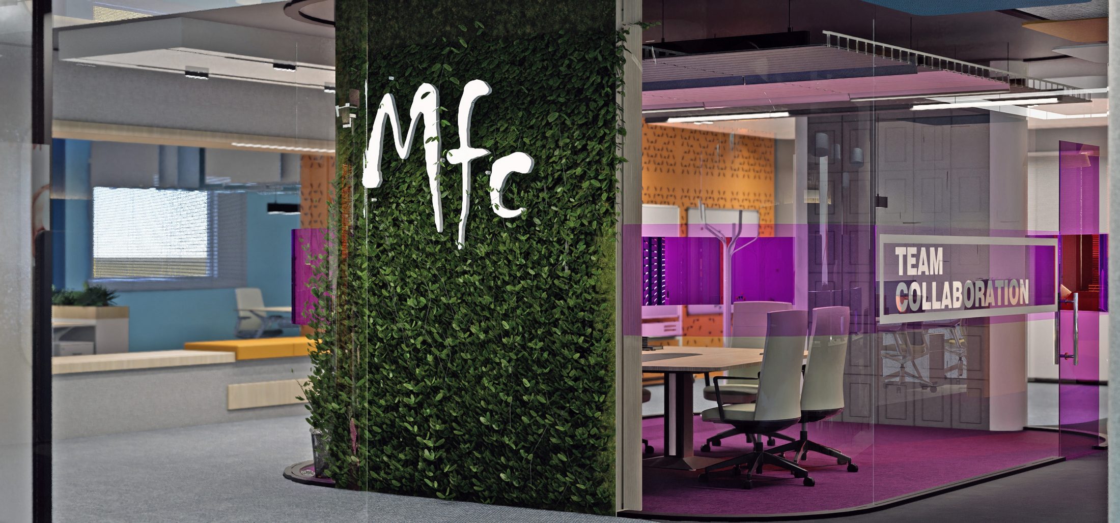 First floor discussion area with green MFC wall