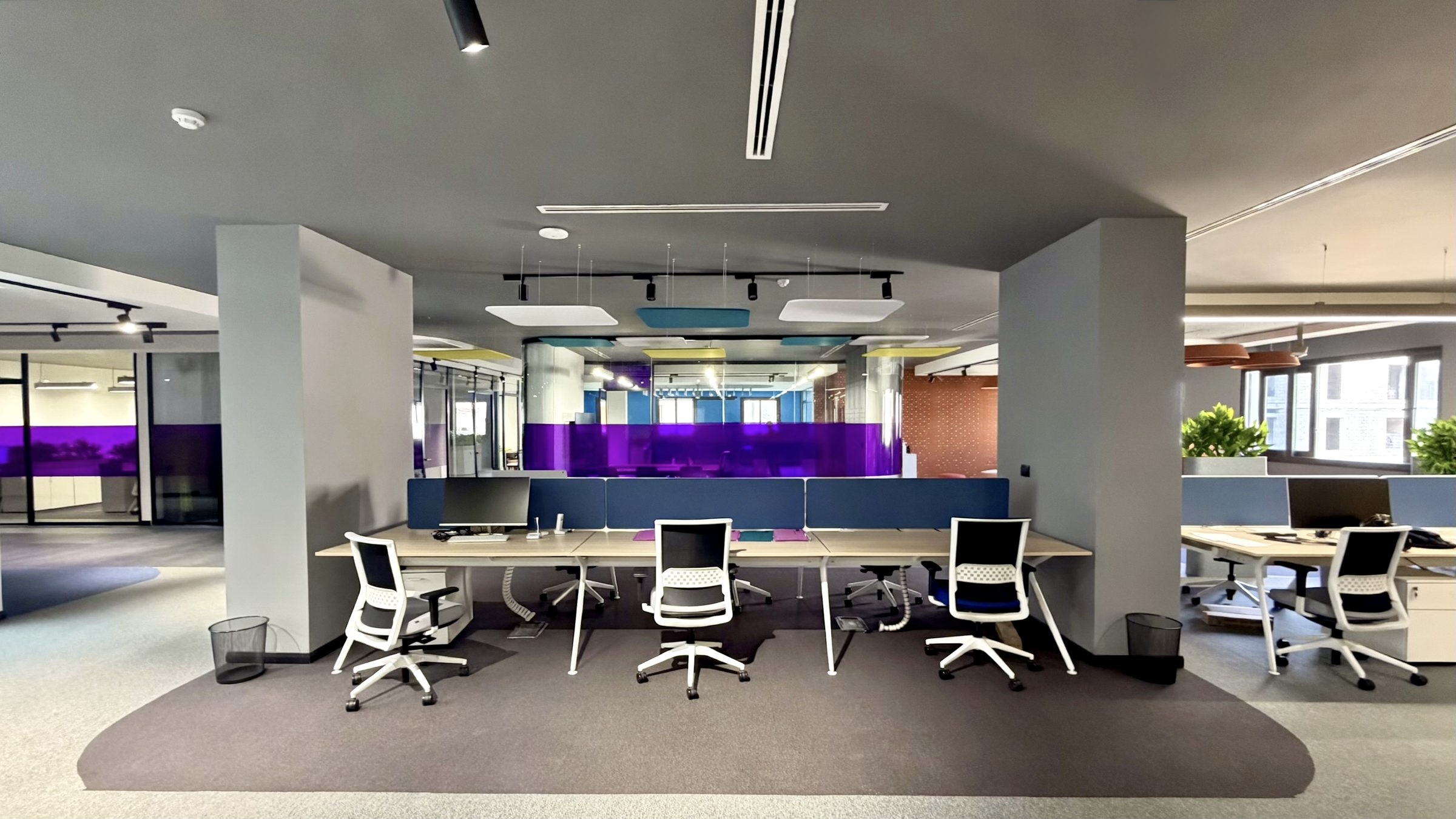 Photo: co-working area as built, with purple glass meeting rooms
