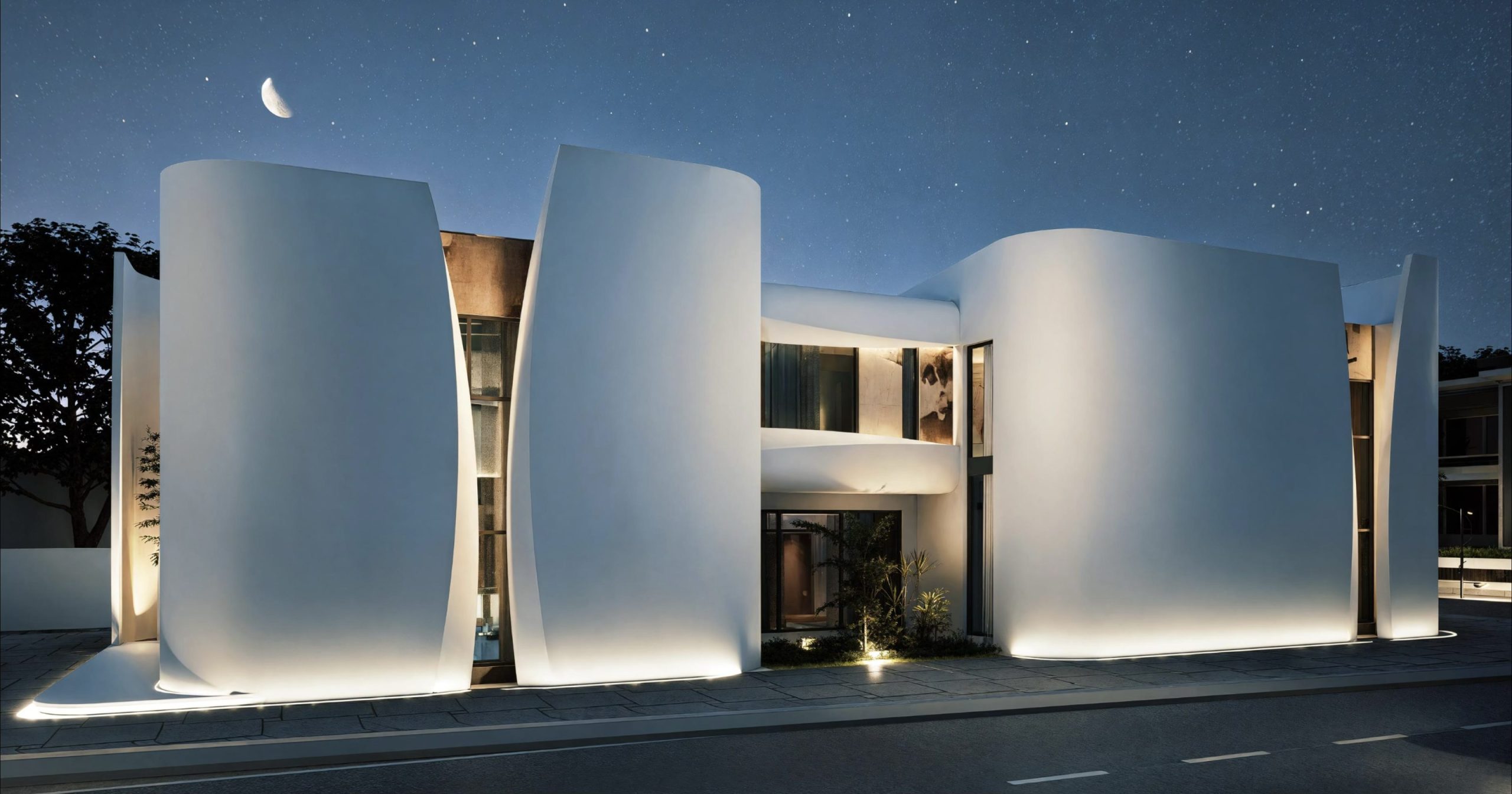 Tajoura Residence at night: white rounded volumes that open only at the entrance and windows