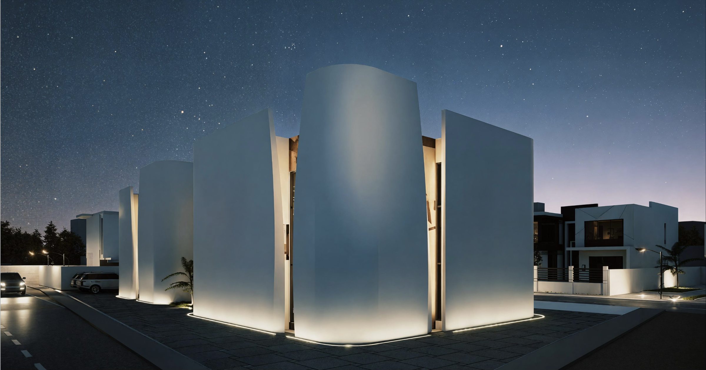 Corner view: the closed white volumes lit from below